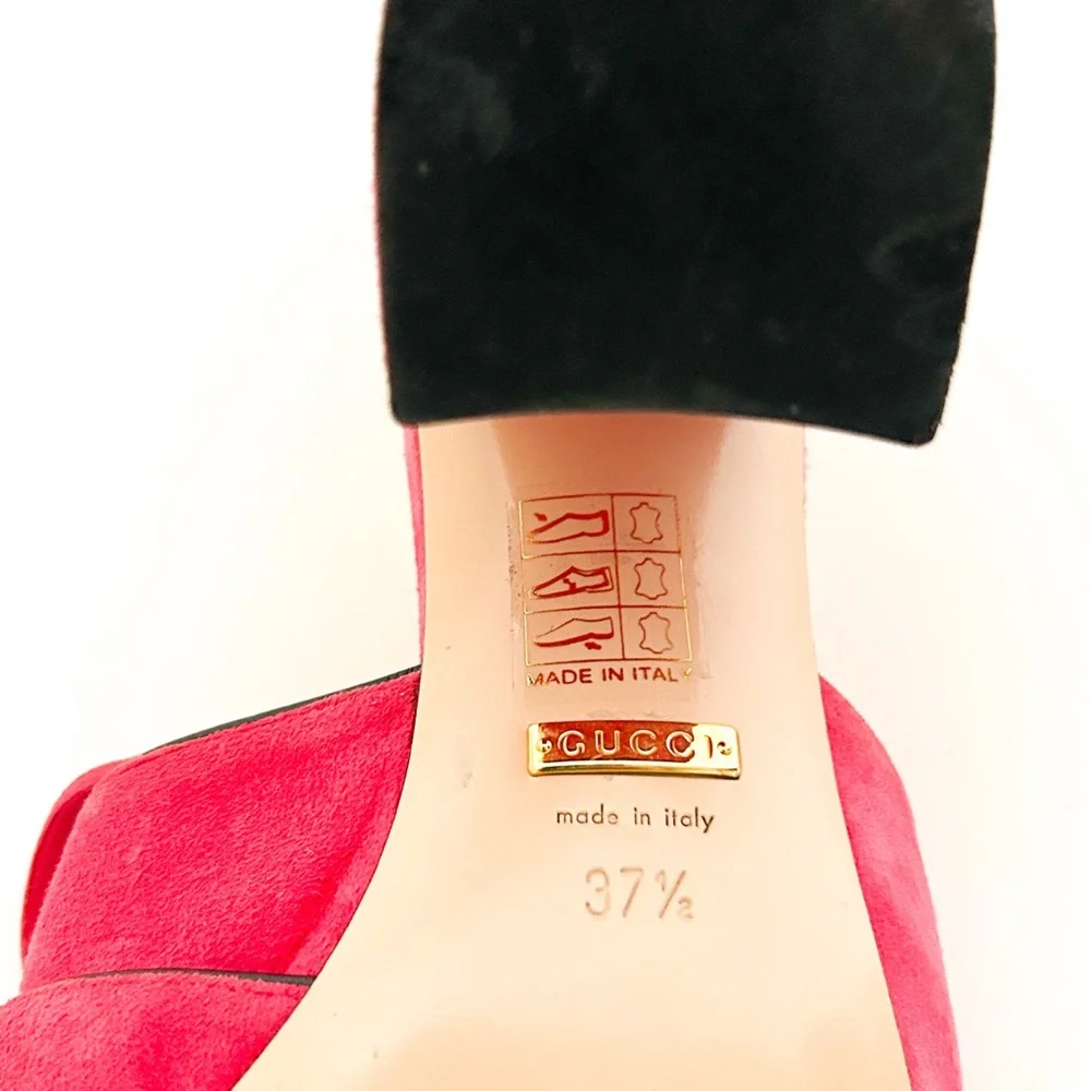 Gucci Marmont GG Logo Hot Pink Red Suede Fringed High Heeled Mules Slides 37.5 - Picture 10 of 12
